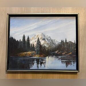 Original 70s Landscape Mountain Lake Scene Oil Painting Gift From Pastor 21x17